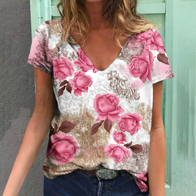 Hauts d'Été pour Femmes Grande Taille, Blouse Imprimée d'Été pour Femmes, T-Shirts Décontractés à Manches Courtes et Col en V, T-Shirts à Col en V pour Femmes en Liquidation