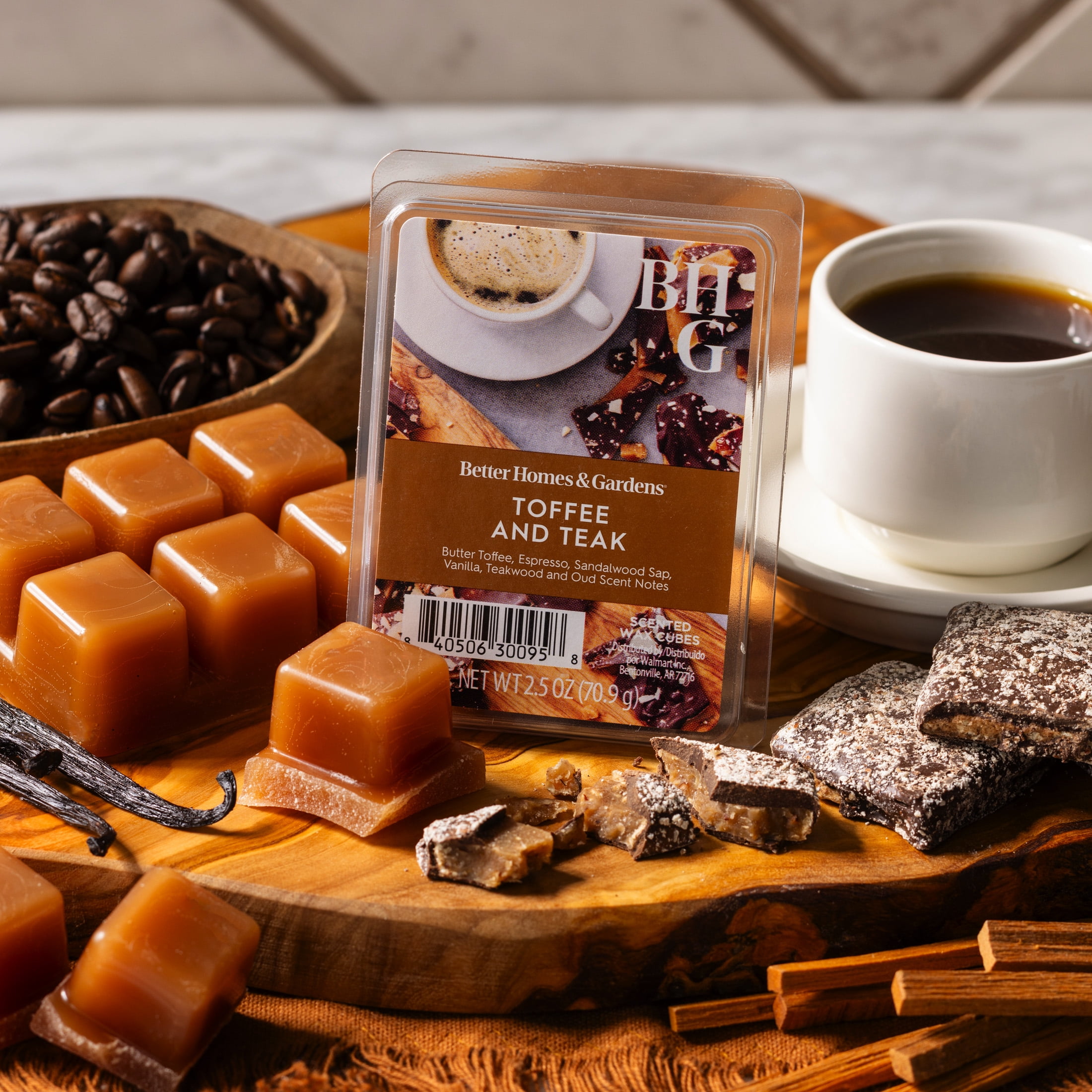 Better Homes & Gardens Toffee and Teak 2.5oz Wax Melts, Warm Woodsy Home Fragrance
