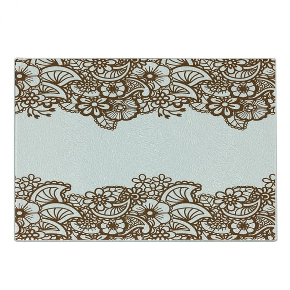 Brown Paisley Cutting Board, Horizontal Floral Ornamented Oriental Repeating Illustration in Autumn Tones, Decorative Tempered Glass Cutting and Serving Board, in 3 Sizes, by Ambesonne