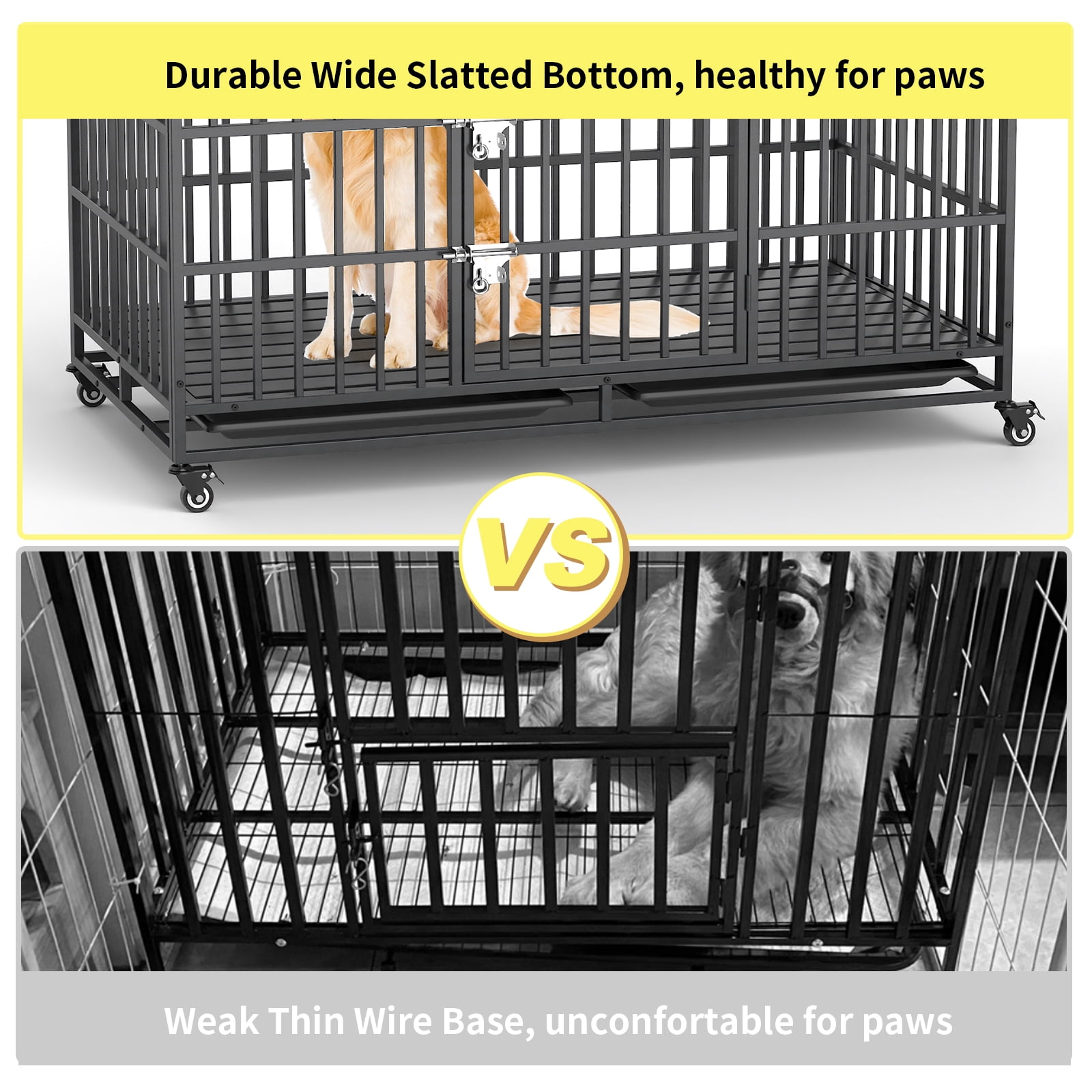 54 Inch Heavy Duty Dog Crate Extra Large Dog Cage Kennel, Indestructible XXL Dog Crate with Roof Top, Trays and Wheels, Escape Proof for High Anxiety Giant Dogs