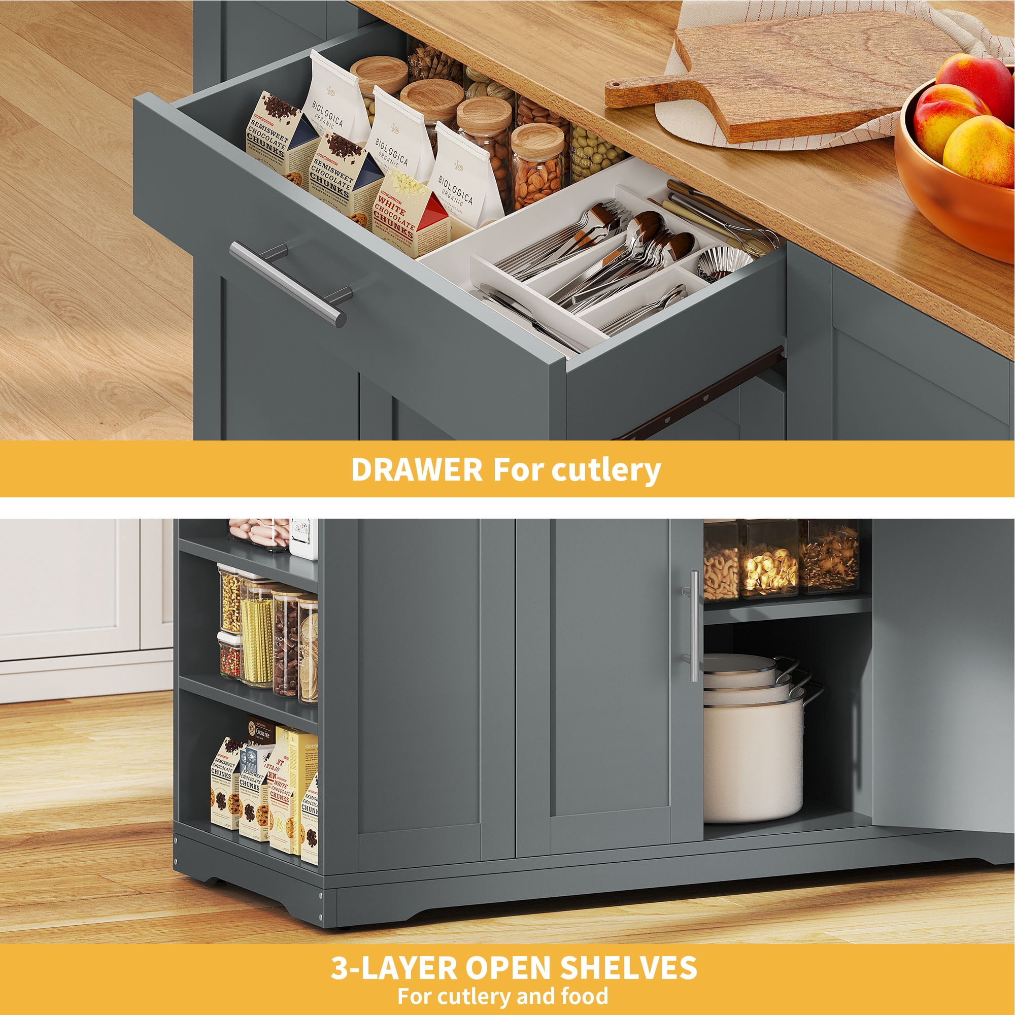DWVO Kitchen Storage Cart with Trash Can Storage Cabinet, Rolling Kitchen Island with Wheels and Drawers for 13-Gallon Trash Bin, Gray