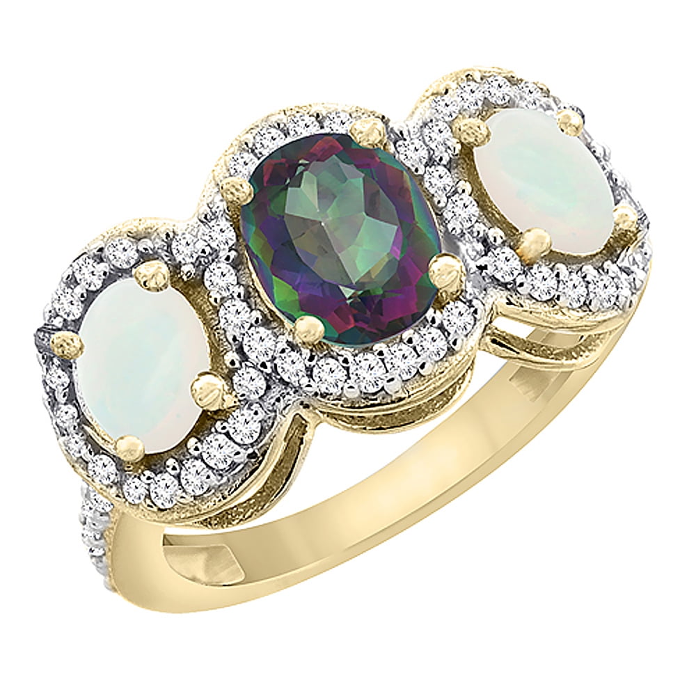 14K Yellow Gold Natural Mystic Topaz & Opal 3-Stone Ring Oval Diamond Accent, size 5.5 by Gabriella Gold