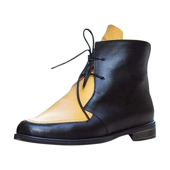 UTTOASFAY Boots for Women, Women'S Winter Chunky Flat Leather Patchwork Front Iace Up Patchwork Boots