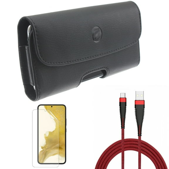 Matte Screen Protector & 10ft USB Cable & Case Belt Clip for Samsung Galaxy S22 (6.1") - TPU Film Anti-Glare & Type-C Charger Cord & Leather Holster Accessory Bundle