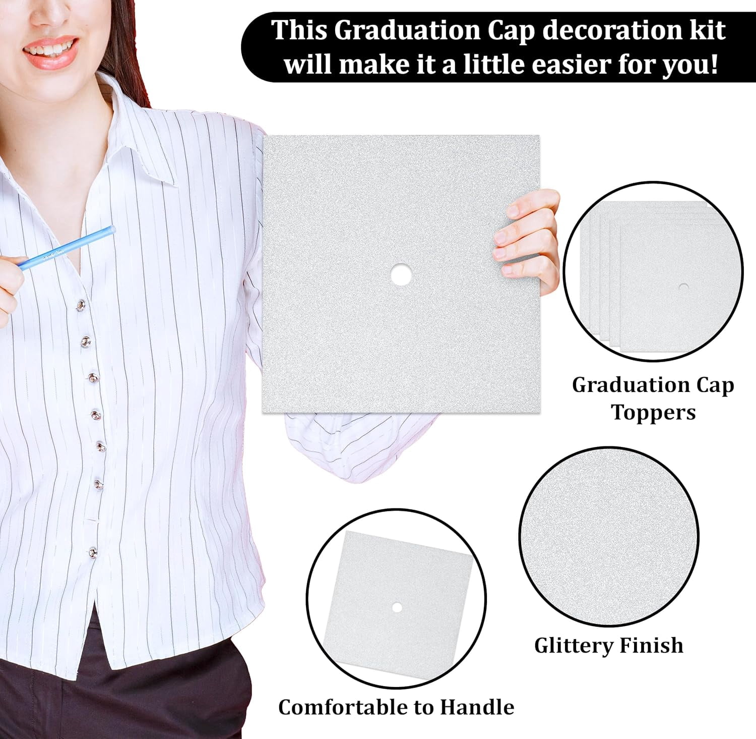 Gift Boutique 2 Pieces Graduation Cap Decorations White Glitter Background Grad Caps Topper Blank Base Graduate Hat Decoration Do It Yourself Crafts Party Supplies with 150 Adhesive Sticky Dots