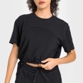thumbnail image 4 of Camisa con cordón en la cintura Manga corta Cuello redondo Color puro Hombro caído Camiseta holgada para mujer para deportes Negro 10, 4 of 8