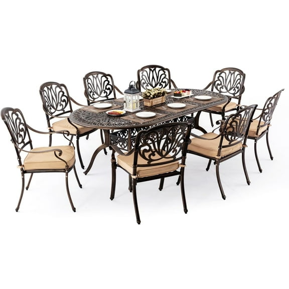 ATKELITION 9-Piece Cast Aluminum Outdoor Table and Chairs Patio Dining Set for 8 Include 87" Oval Table and 8 Chairs with Cushion and Umbrella Hole
