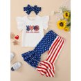 thumbnail image 2 of Bagilaanoe 4th of July Clothes for Toddler Baby Girl Short Sleeve Letter Print T-shirt Tops + Striped Flare Trousers + Headband 12M 18M 24M 3T 4T 5T Kid Independence Day Outfits 3pcs Long Pants Set, 2 of 9