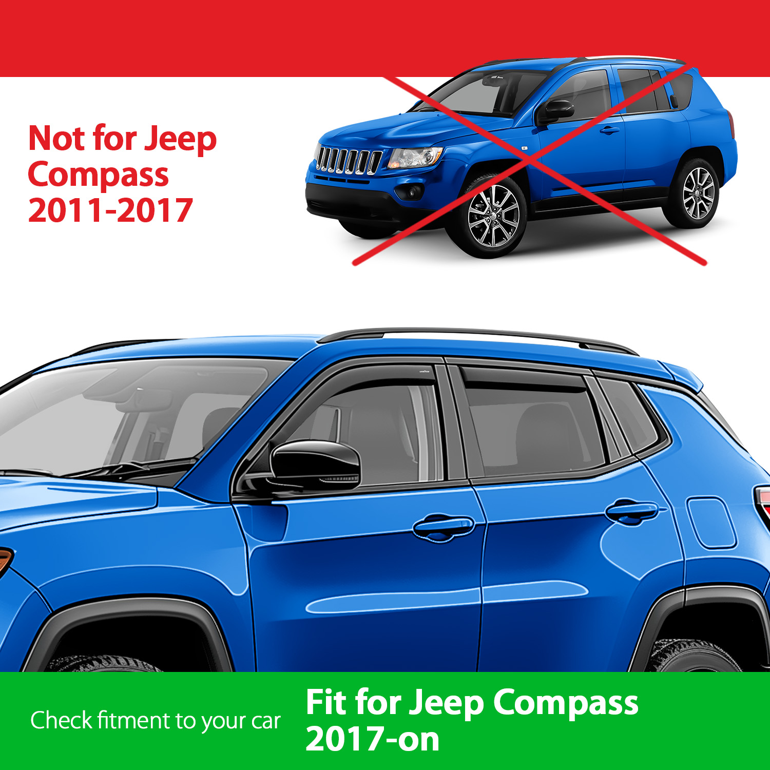 Goodyear Shatterproof in-Channel Window Deflectors for Jeep Compass 2017-2025, Rain Guards, Window Visors for Cars, Vent Deflector, Car Accessories, 4 pcs - GY003470