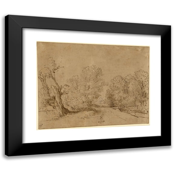 Rembrandt van Rijn 14x12 Black Modern Framed Museum Art Print Titled - A Wooded Road (1650)
