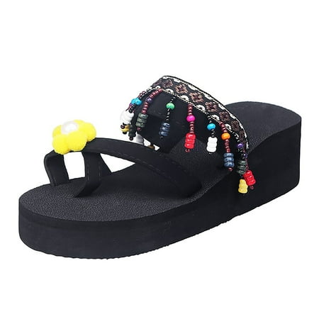 

Indoor Slippers For Women High Heeled Bohemian Clip Foot Flip Flop Thick Bottom Beach Fringed Sandals Beach Shoes
