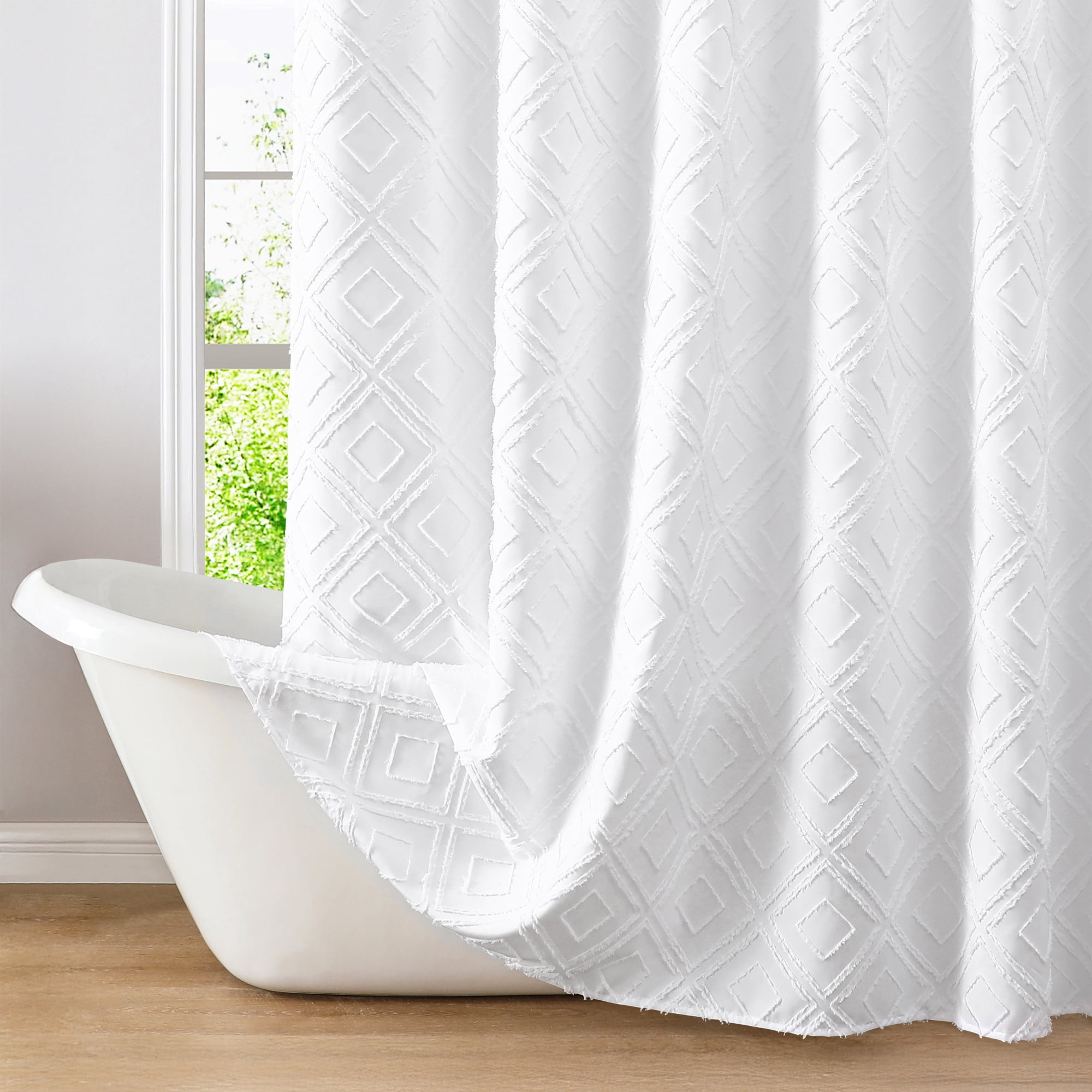 Americanflat 71x71 White Woven Shower Curtain with Tassel And Diamond Accents - Includes 12 Grommets and Hooks - 100% Polyester