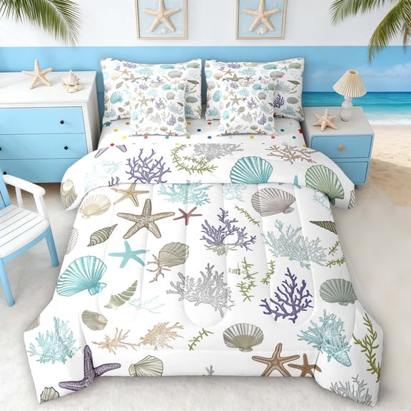 Manfei Watercolor Seashell Starfish Coral Twin Bedding Sets for Kids Boys and Girls, Coastal Sealife Bedding Comforter Set, Polka Dots Reversible 7pcs