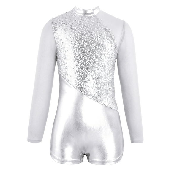 YONGHS Kids Girls Sequins Long Sleeves Ballet Dance Gymnastics Leotard Athletic Bodysuit Unitard Silver 10