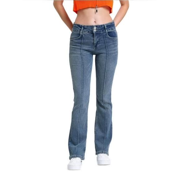Mid Rise Ribbed Straight Leg Jeans