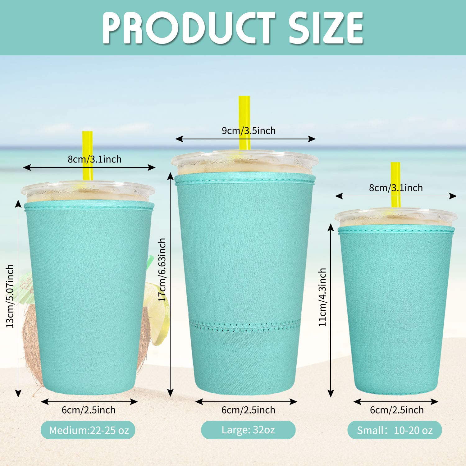 12 Pieces Reusable Iced Coffee Cup Sleeves Insulated Cup Covers Insulator Sleeves Drinks Holders for 10 to 32 Ounce Cold Hot Drink Beverages Cup Bottles 3 Sizes Black, Light Blue, Pink, Green
