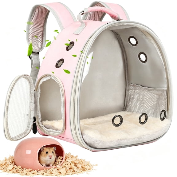 2-Pack Small Animal Backpack Carrier & Ceramic Hamster Hideout for Cooling Summer, Hamster House and Habitat Cool Bed for Other Similar-Size Small Pet Gerbil Rat Chinchilla