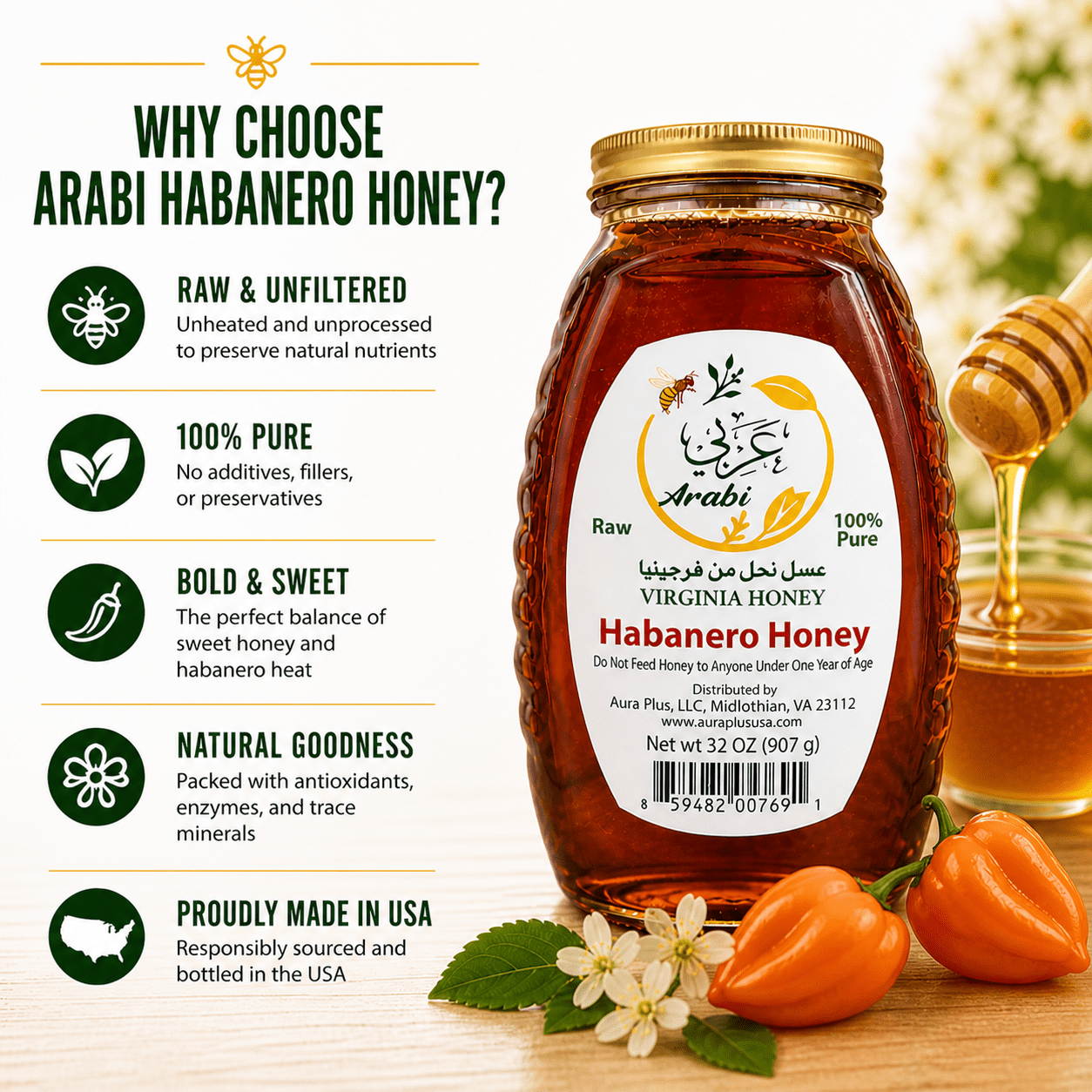 Arabi Raw Virginia Habanero Honey – 100% Pure Natural Honey with Habanero Peppers, 32 oz