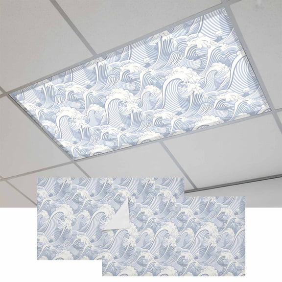 Blue Ocean Waves Magnetic Fluorescent Light Covers for Ceiling Lights 2 x 4 Feet, Moire Seaside Abstract Art Office Classroom Kitchen Drop Ceiling Light Covers Lighting Filters Shade Panel 2 Packs