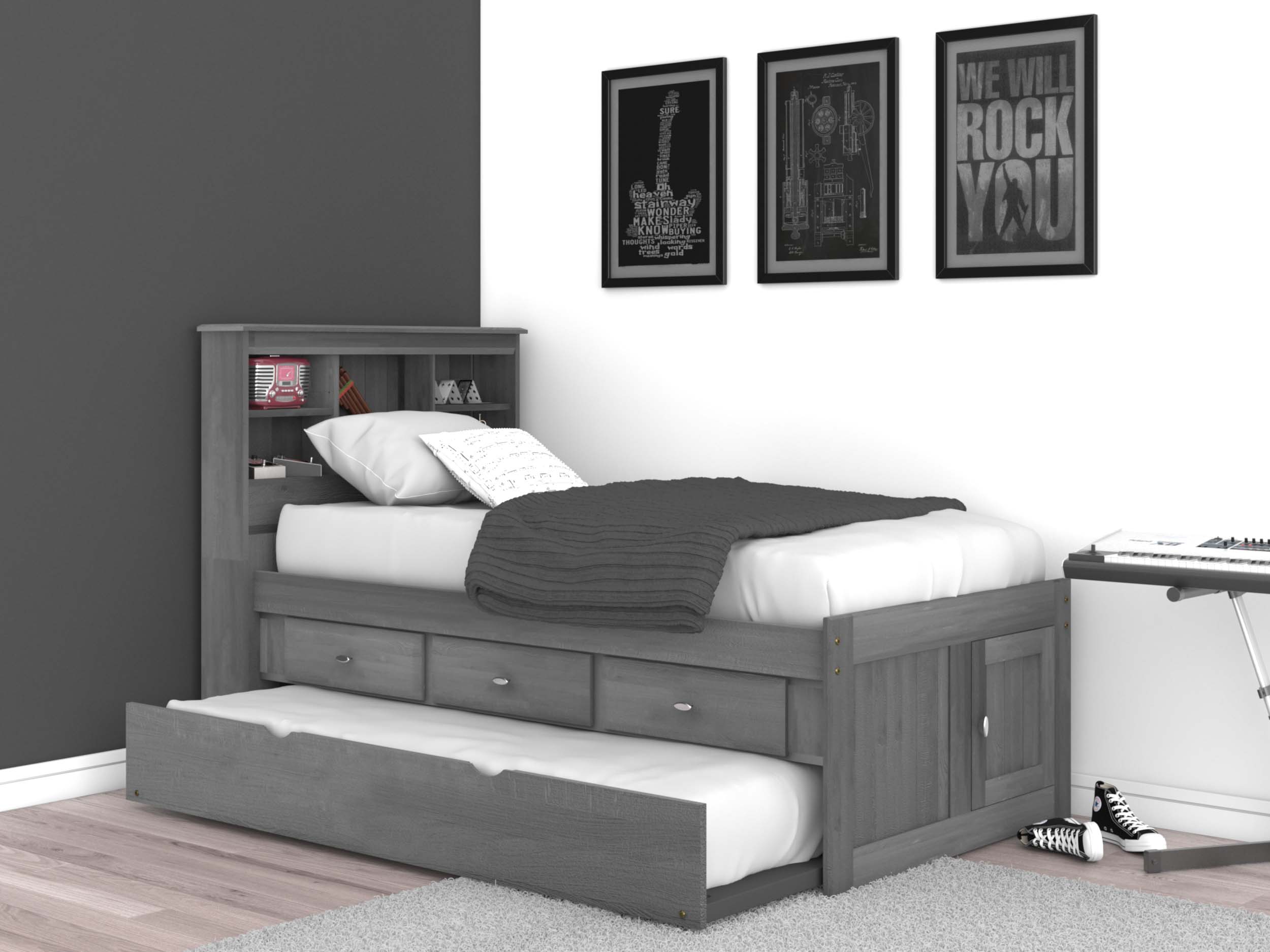 Discovery World Furniture Twin Bookcase Bed with 3 Drawers and Trundle