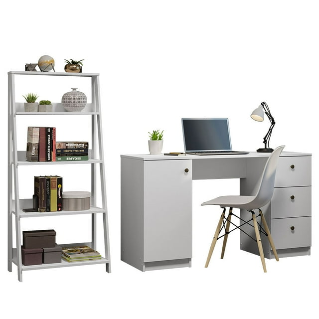 Madesa 2-Piece Home Office & Study Furniture Set: 53" Executive Computer Writing Desk with 3 Drawers, 1 Door, Storage Shelf + 24" 5-Tier Ladder Shelf for Pantry, Books, & Utilities – White