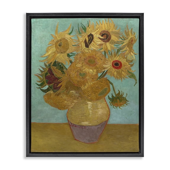 Stupell Industries Van Gogh Sunflowers on Blue Plants & Flowers Painting Black Floater Framed Canvas Art Print Wall Art, 17 x 21