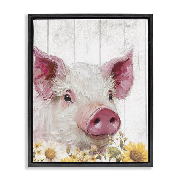 Stupell Industries Pig and Sunflowers Black Framed Floater Canvas Wall Art, design by Christine Simpson Art