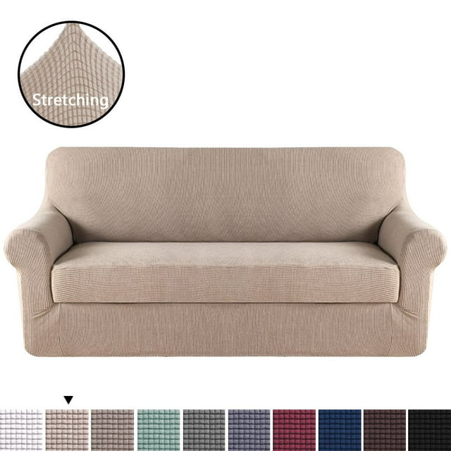 H.VERSAILTEX 2-Piece Jacquard Spandex XL Sofa Stretch Slipcover, Sand