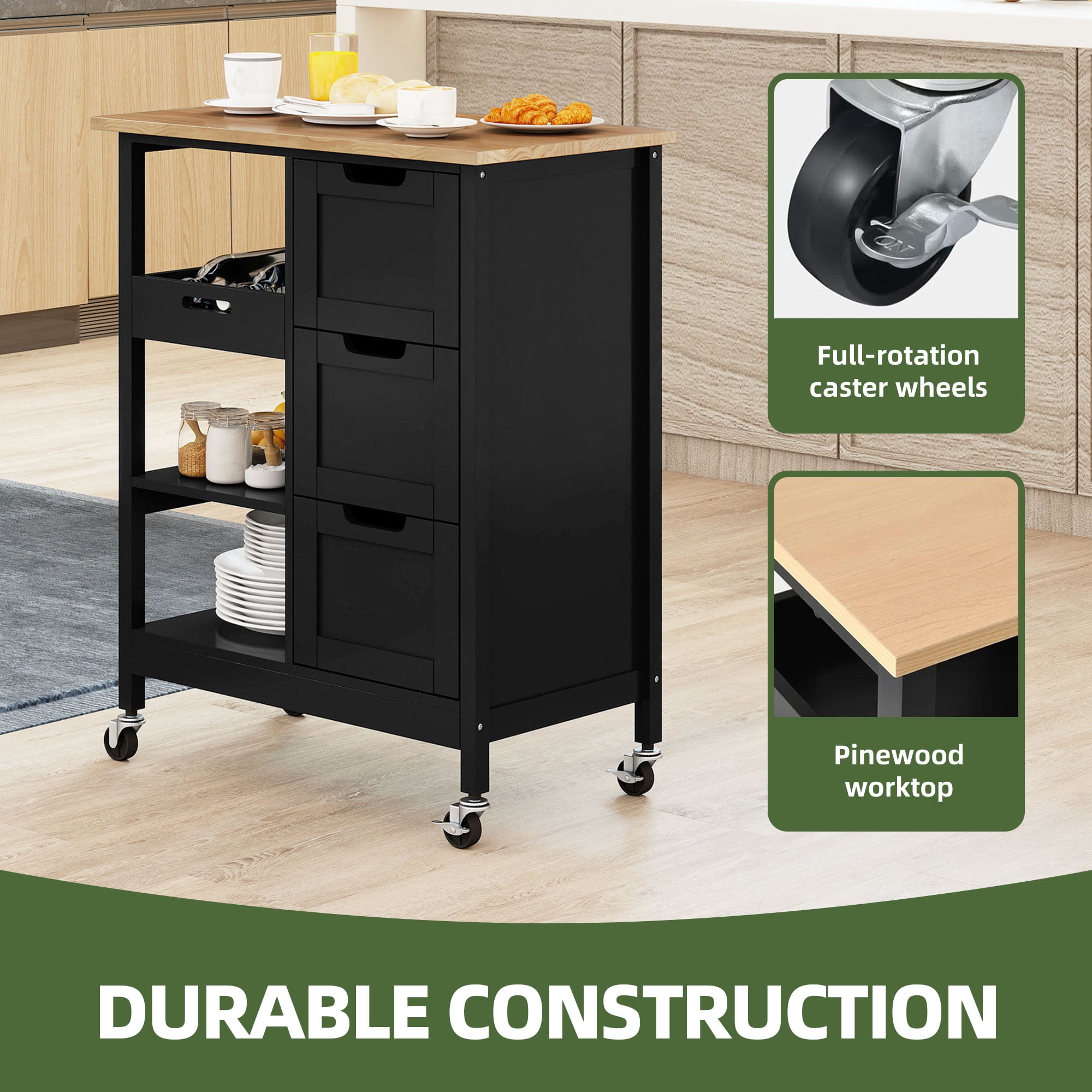 Uforic Kitchen Storage Cart with Drawers & Open Shelves, Rolling Kitchen Island, Black