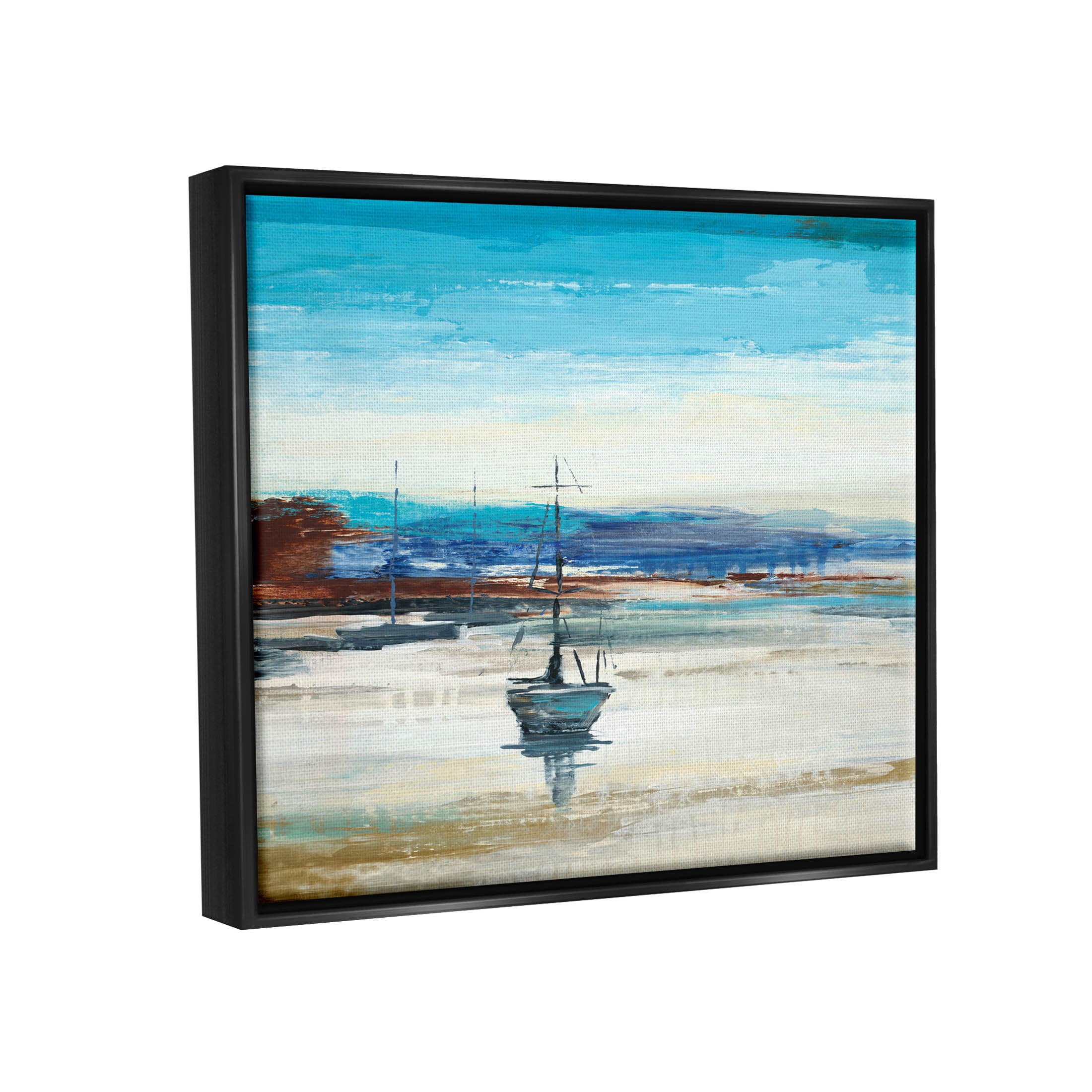 Abstract Boat Sea Reflection Coastal Painting Jet Black Framed Art Print Wall Art