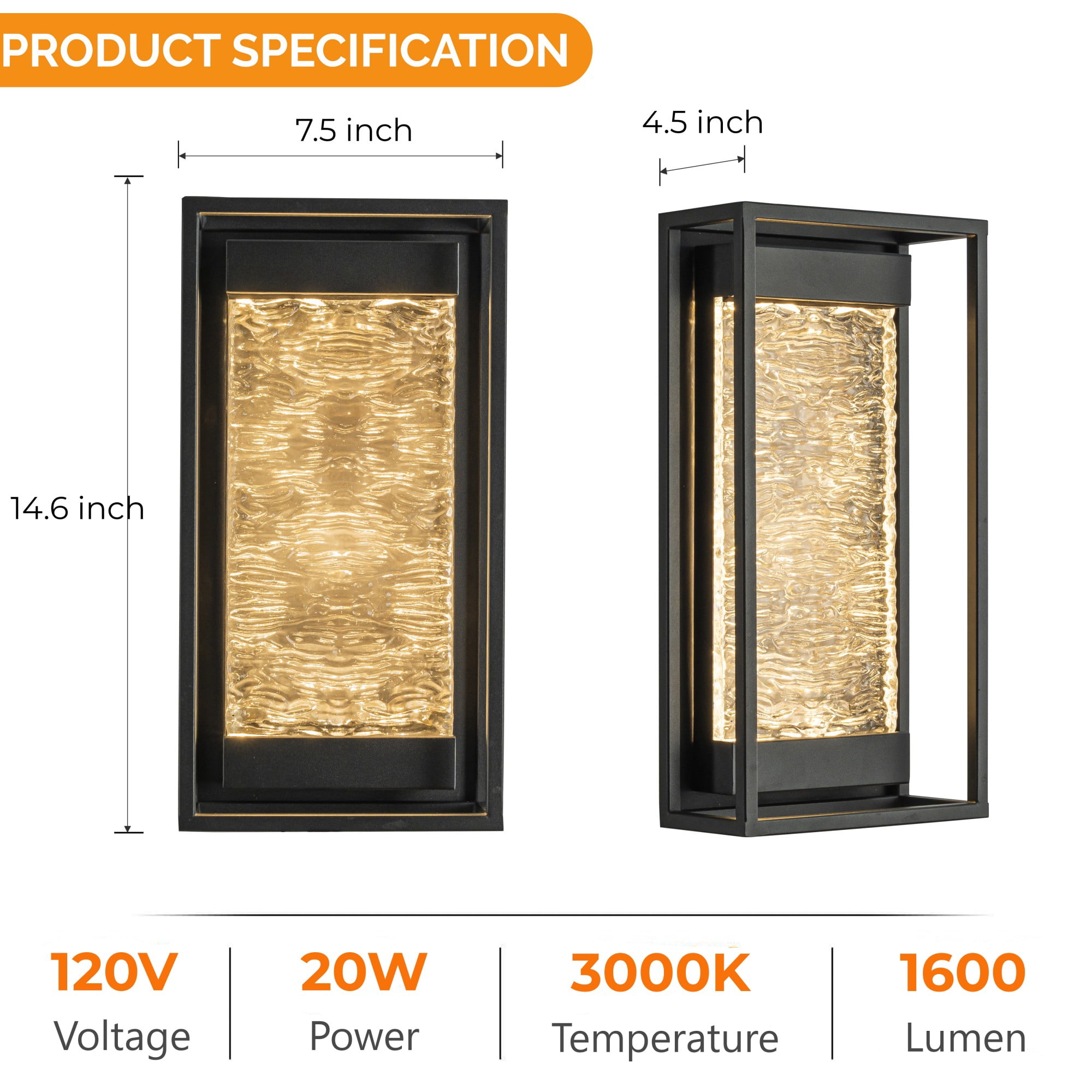H15" Modern Outdoor Integrated LED Wall Light with Dusk to Dawn Sensor Matte Black Exterior Light Fixture with Handcrafted Textured Glass Wall Lantern for Porch Garage Entryway