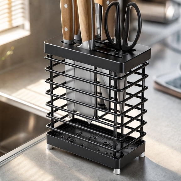 Cififendec Drainable Metal Knife Storage Rack, 9.45"×6.1", Kitchen Countertop Wall Mount Cutlery Holder for Chef Knives Scissors Kitchen Utensil Organizer
