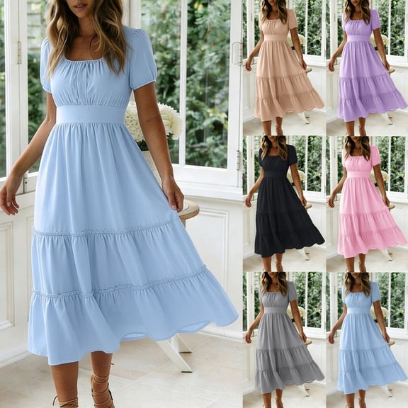 Asxite Summer Dresses for Women Casual Solid Straight Neck Short Sleeve Midi Sundress