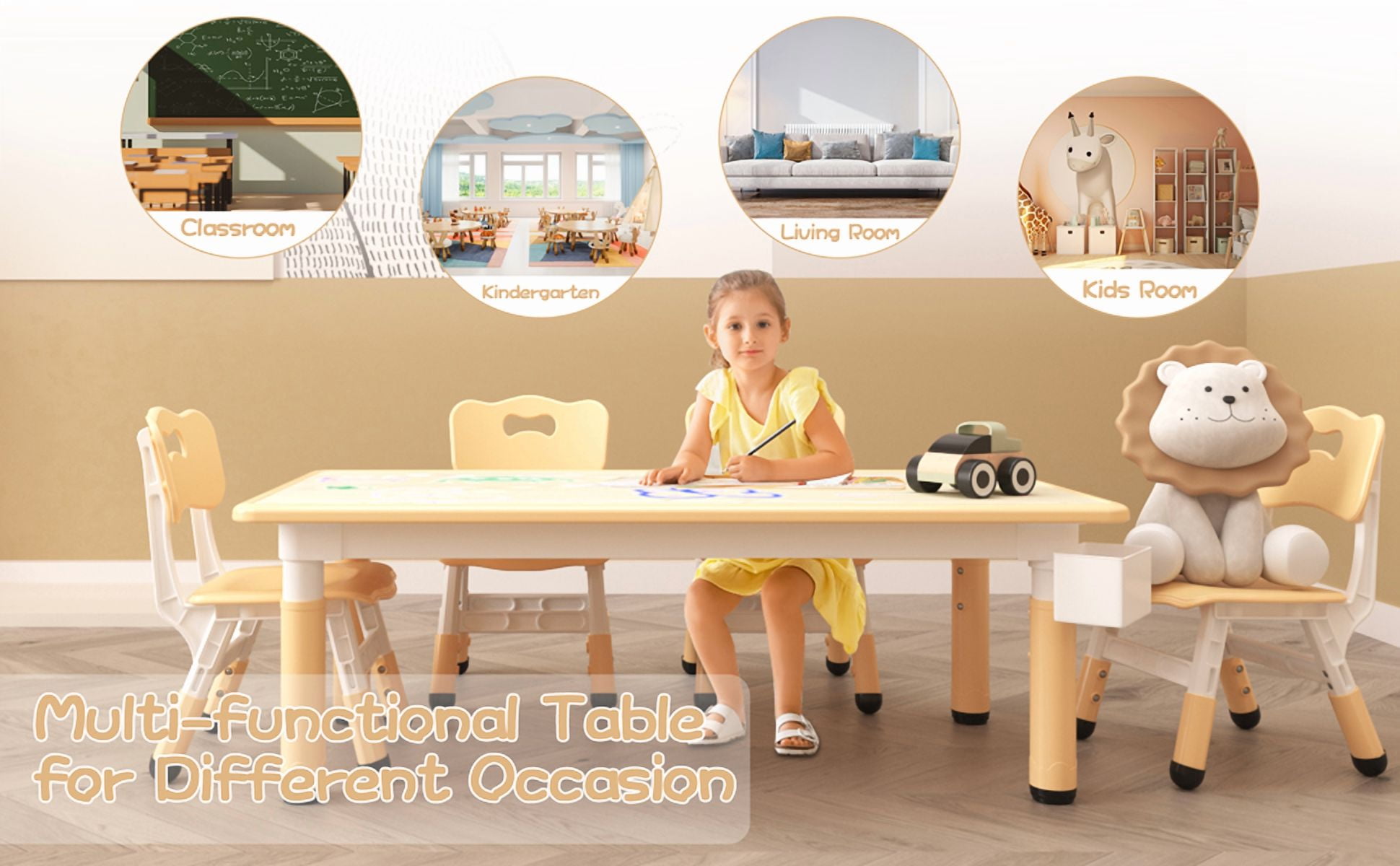 COZONY Kids Table and Chair Set, Adjustable Height Toddler Table with 6 Seats, Non-Slip Legs, Graffiti Desktop for Ages 2-8