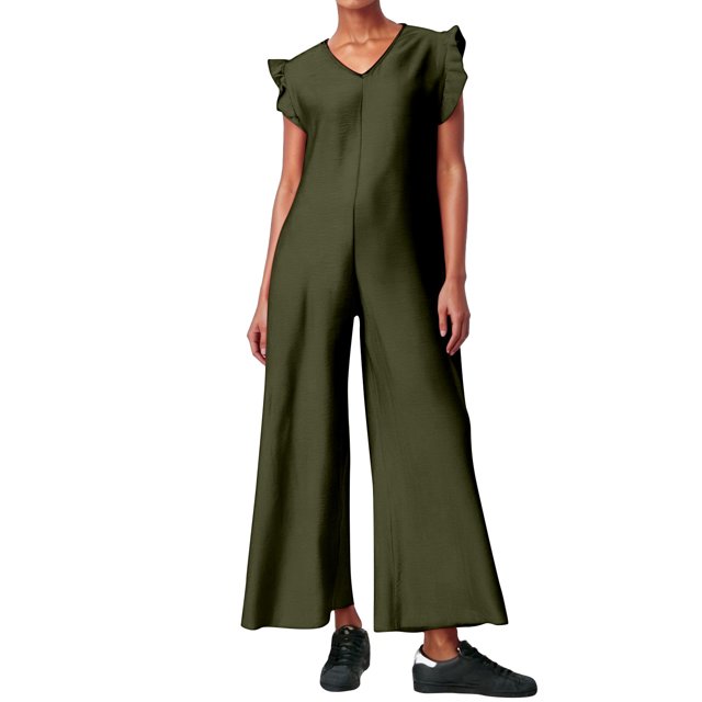 Mono sin mangas para mujer con pantalones anchos y mangas con volantes - Mezcla de lino, vestido para el trabajo, negocios, bailes y cócteles
