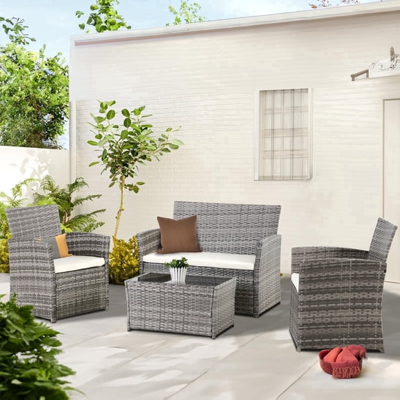 FHFO 4 Piece Patio Furniture Set,Outdoor Wicker Conversation Sets,Rattan Sectional Sofa w/Coffee Table,Seat Cushions for Backyard Porch Garden Poolside - Gray Wicker/Beige Cushions
