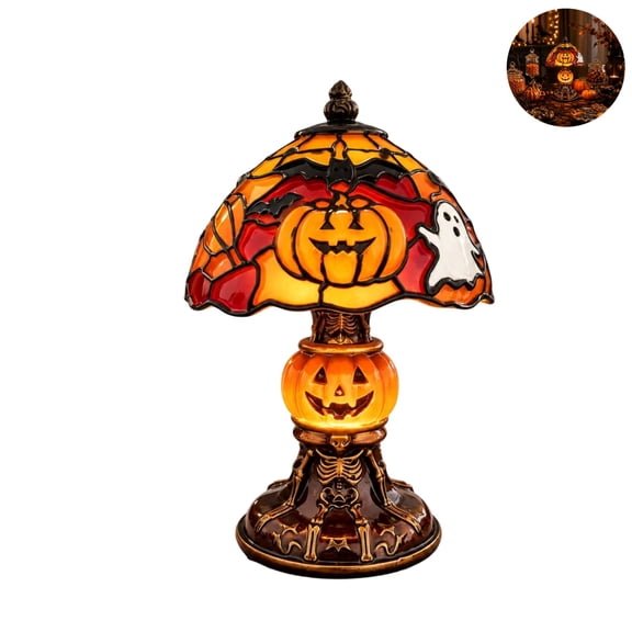 Halloween Stained Glass Table Lamp, Vintage Pumpkin Ghost Bat Skeleton Decorative Lamp, Halloween Desktop Ornament Light for Home Mantel Shelf Decor