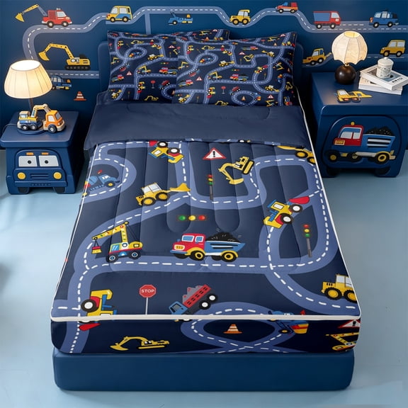 Erosebridal Road Builder Vehicle Zipper Twin Comforter Sets with Fitted Sheet and 2 Pillowcases,Traffic Light Warning Zipper Bedding Set For Boys,Navy Blue Reversible,4-Piece