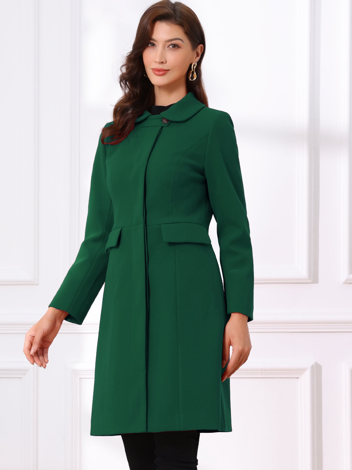 DARING DIVA Women's Trench Peter Pan Collar Single Breasted Long Pea Coat XL Dark Green