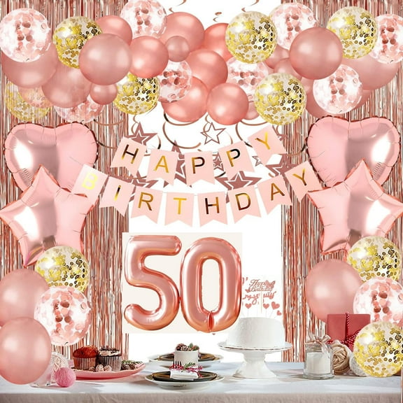 Birthday Decorations Women - Rose Gold 50th Birthday Decorations Supplies for Her With Curtains, Hanging Swirl, Balloons, Banner, Star garland, Cake Topper, Cupcake Toppers