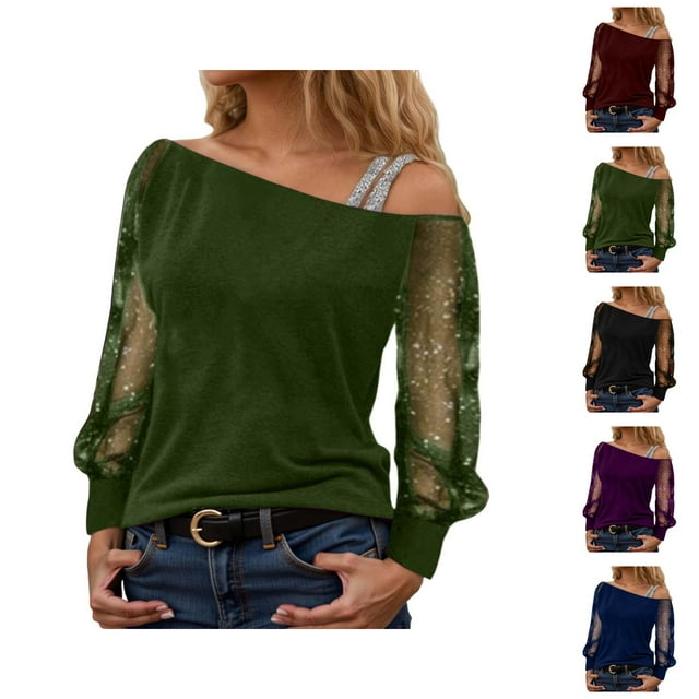 Womens Sparkle Top 2026 Spring Trendy Y2K Long Sleeve Off Shoulder Mesh T Shirts Going out Top Rave Outfits