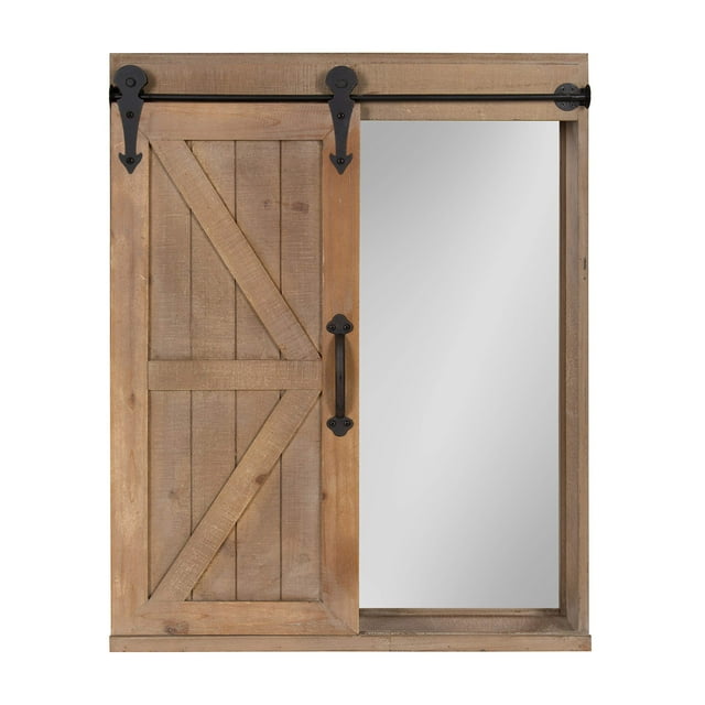 Kate and Laurel Cates Decorative Wood Wall Storage Cabinet with Vanity Mirror and Sliding Barn Door, Rustic Brown