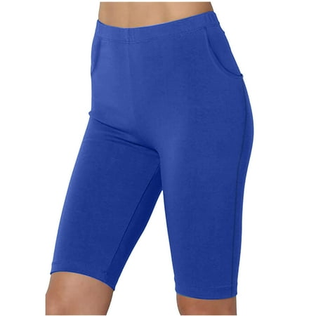 UTSJKR Elastic Waist Yoga Shorts with Pockets for Women Tummy Control Stretchy Yoga Pants Biker Long Shorts Workout Sports High Waisted Shorts Solid Stretch Light Leggings Blue L