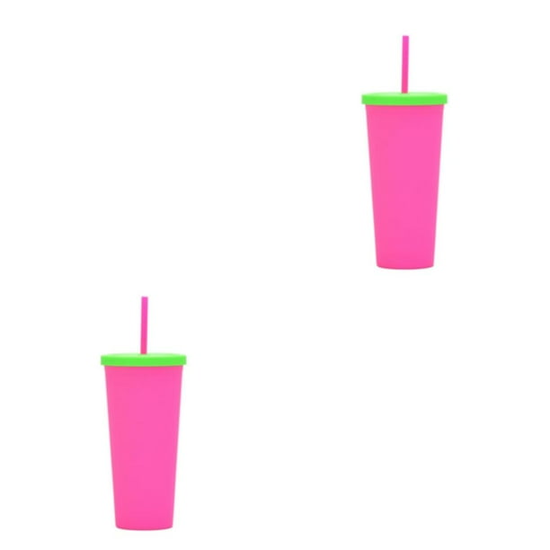 Matsuzay Taza de paja de plástico de doble capa, botella de café, tazas heladas cómodas a la moda, vaso de verano para el hogar, la oficina y Rosa fluorescente roja 2piezas
