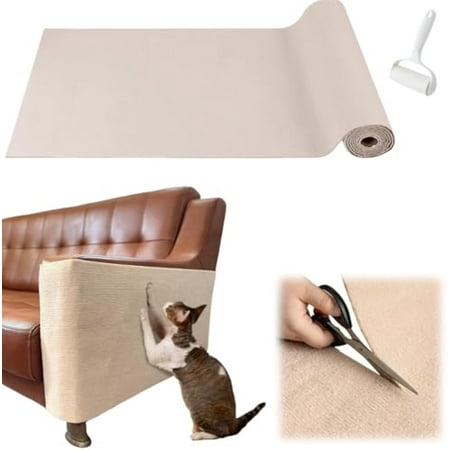 Pawmingle Cat Scratching Carpet Self Adhesive Cats Scratches Mat Trimmable Sisal Cat Scratching Mat for Furniture Protector (Beige 11.8in*39.4in)