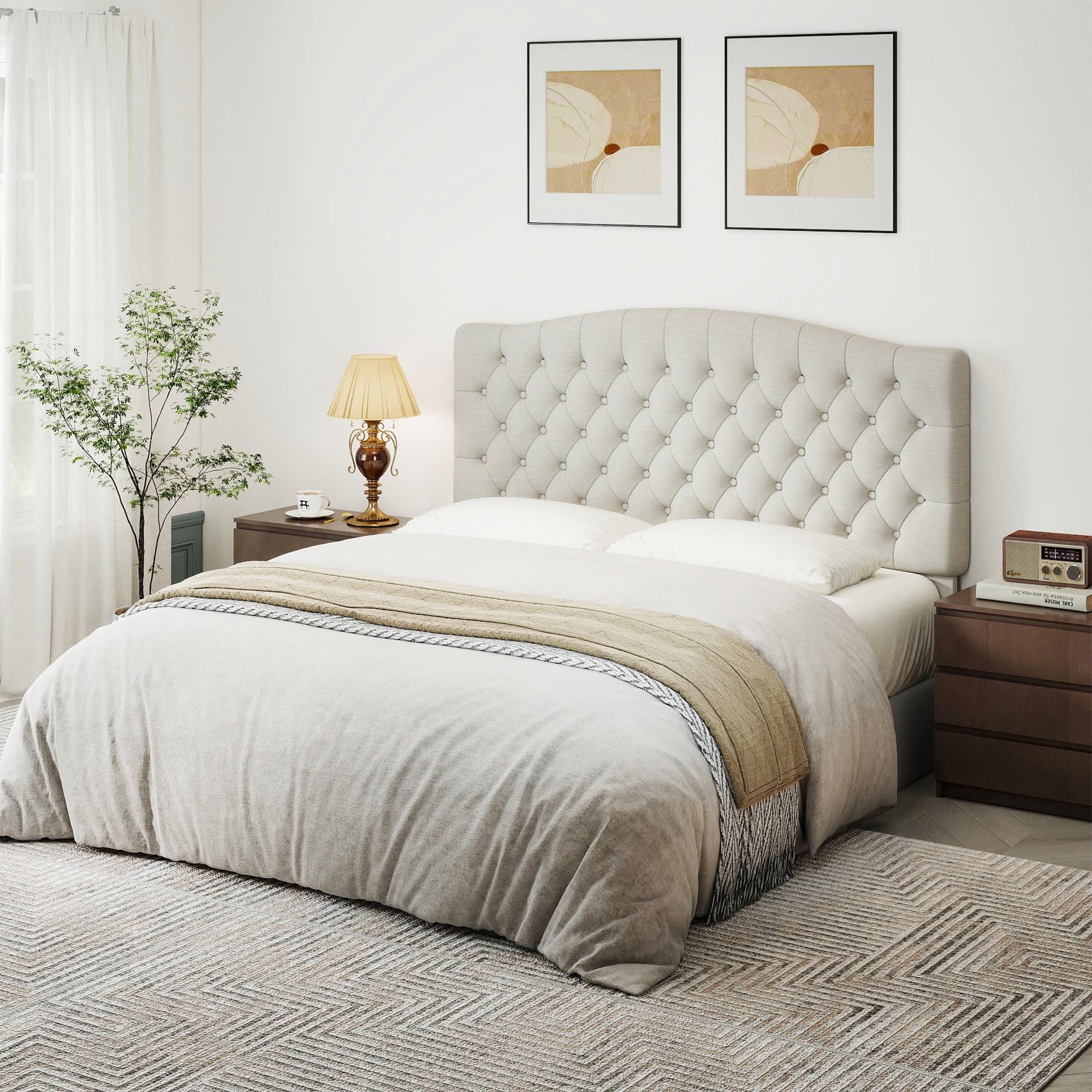 Queen Headboard Wall Mount & Bed Frame Compatible, Linen Upholstered Button Tufted, Ivory