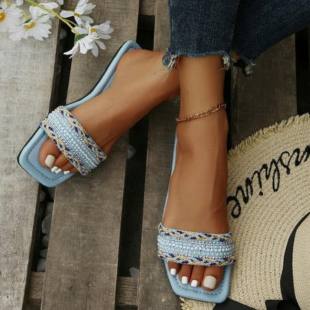 

Cathalem Fashion Sandals for Women Slides Women Slippers Flat Beaded Fringe Slippers Square Headband Beach Sandals Fairy Fashion Sandal Light Blue 7.5