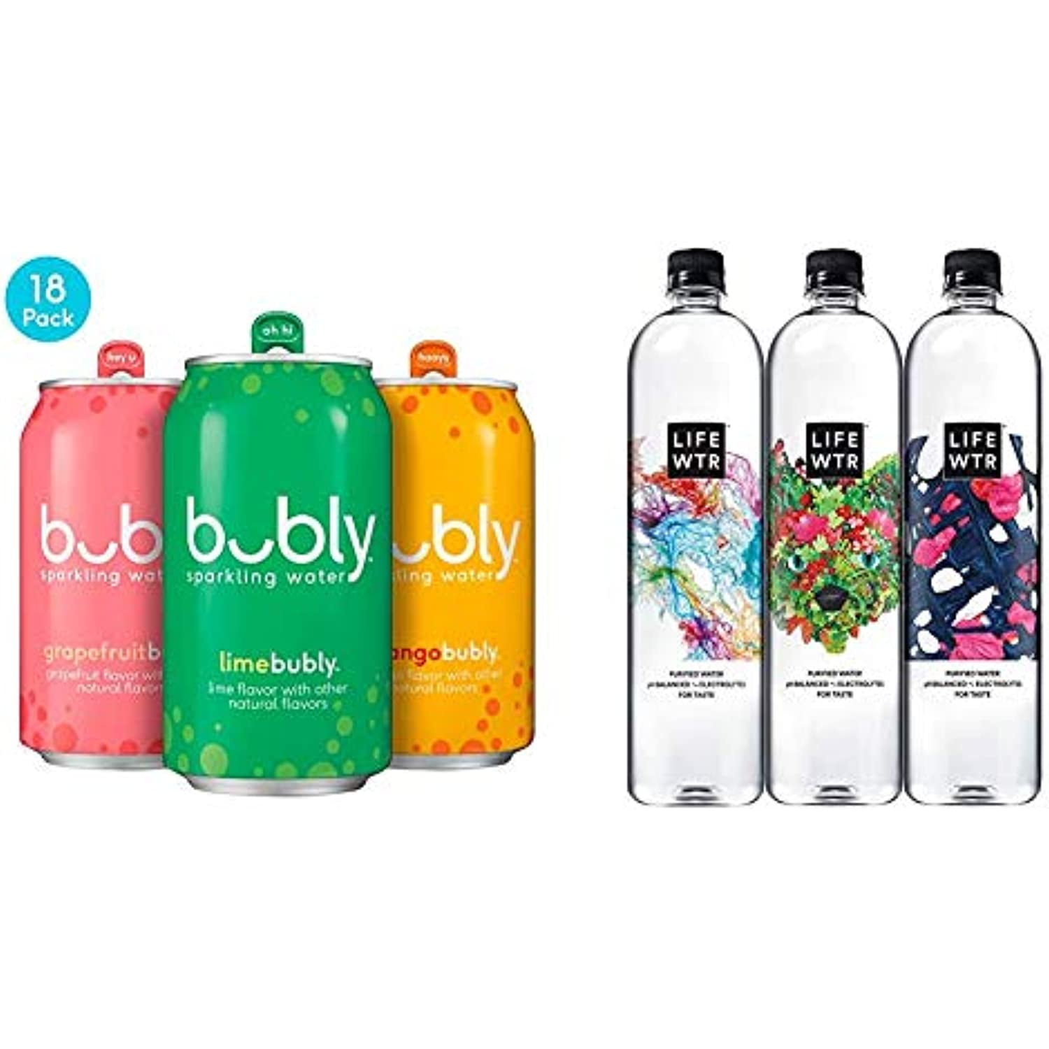 Bubly Sparkling Water, Tropical Thrill Variety Pack, 12 Fl Oz. Cans (18 Pack) & Lifewtr, Premium