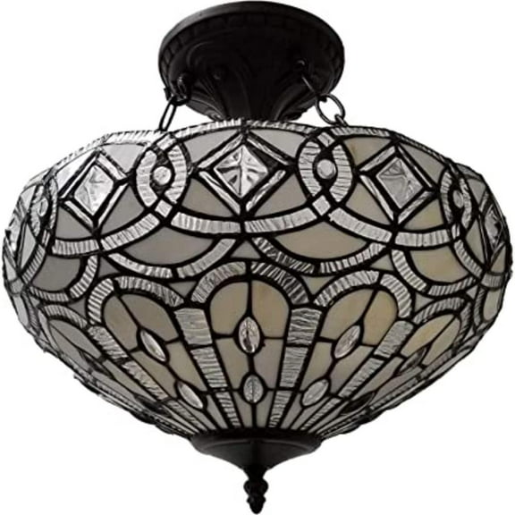 HomeRoots Black and Gray Tiffany Style Two Light Glass Dimmable Semi Flush Ceiling Light