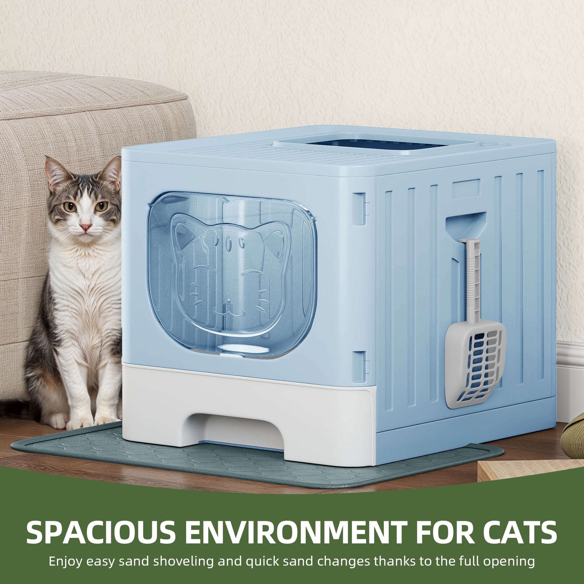 Uforic Large Enclosed Cat Litter Box with Mat and Litter Scoop,Cat Toilet Box with Lid Drawer Type Easy to Clean,Blue